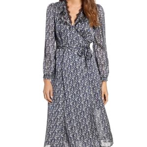 🌿 Lucky Brand Floral Midi Wrap Navy Dress